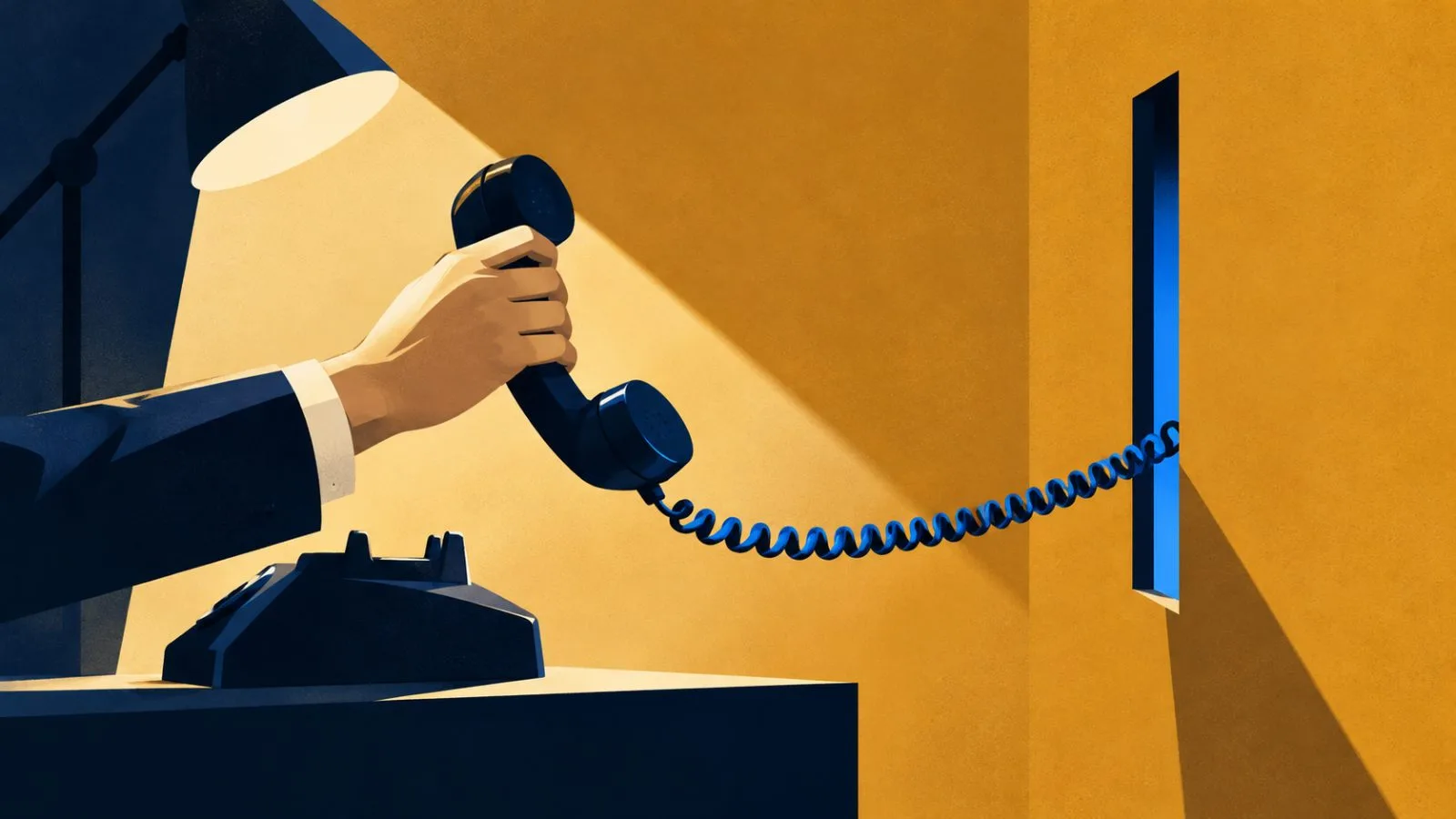 A hand lifts a telephone receiver beside an ochre partition / TokenPost.ai