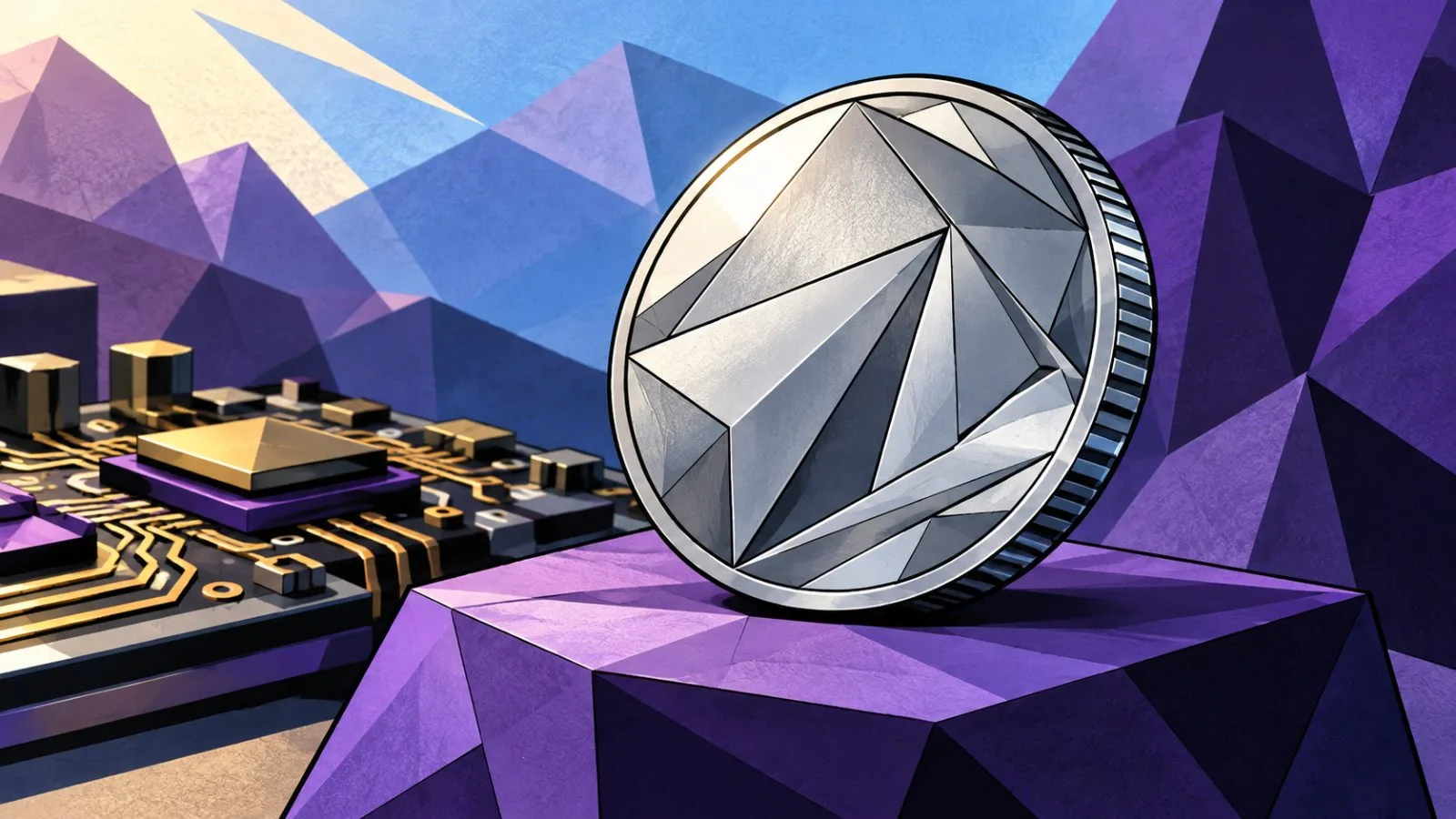 Silver token displayed on a faceted violet pedestal / TokenPost.ai