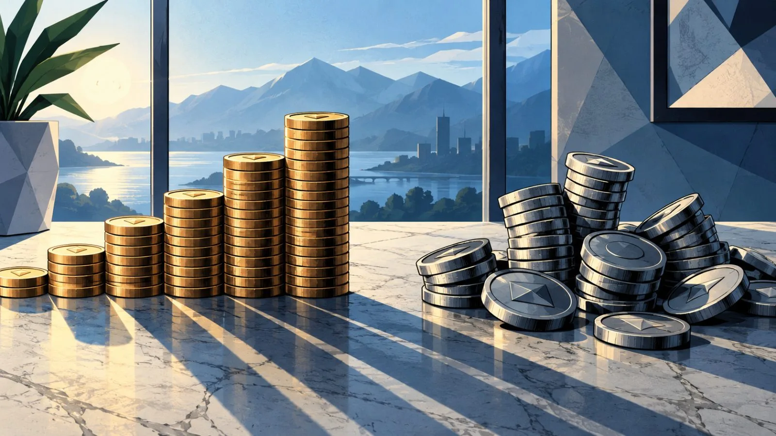 Metallic market tokens arranged in contrasting rising and falling stacks / TokenPost.ai