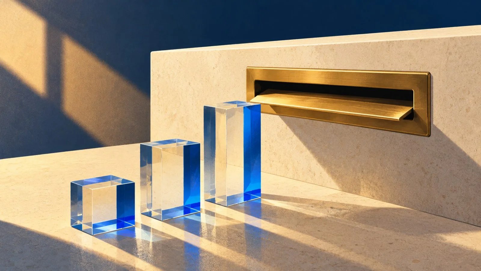 Brass deposit slot beside three rising glass blocks / TokenPost.ai
