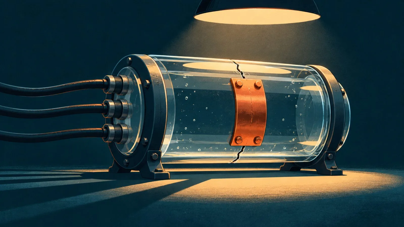 A copper repair plate bridges a split clear decompression chamber / TokenPost.ai