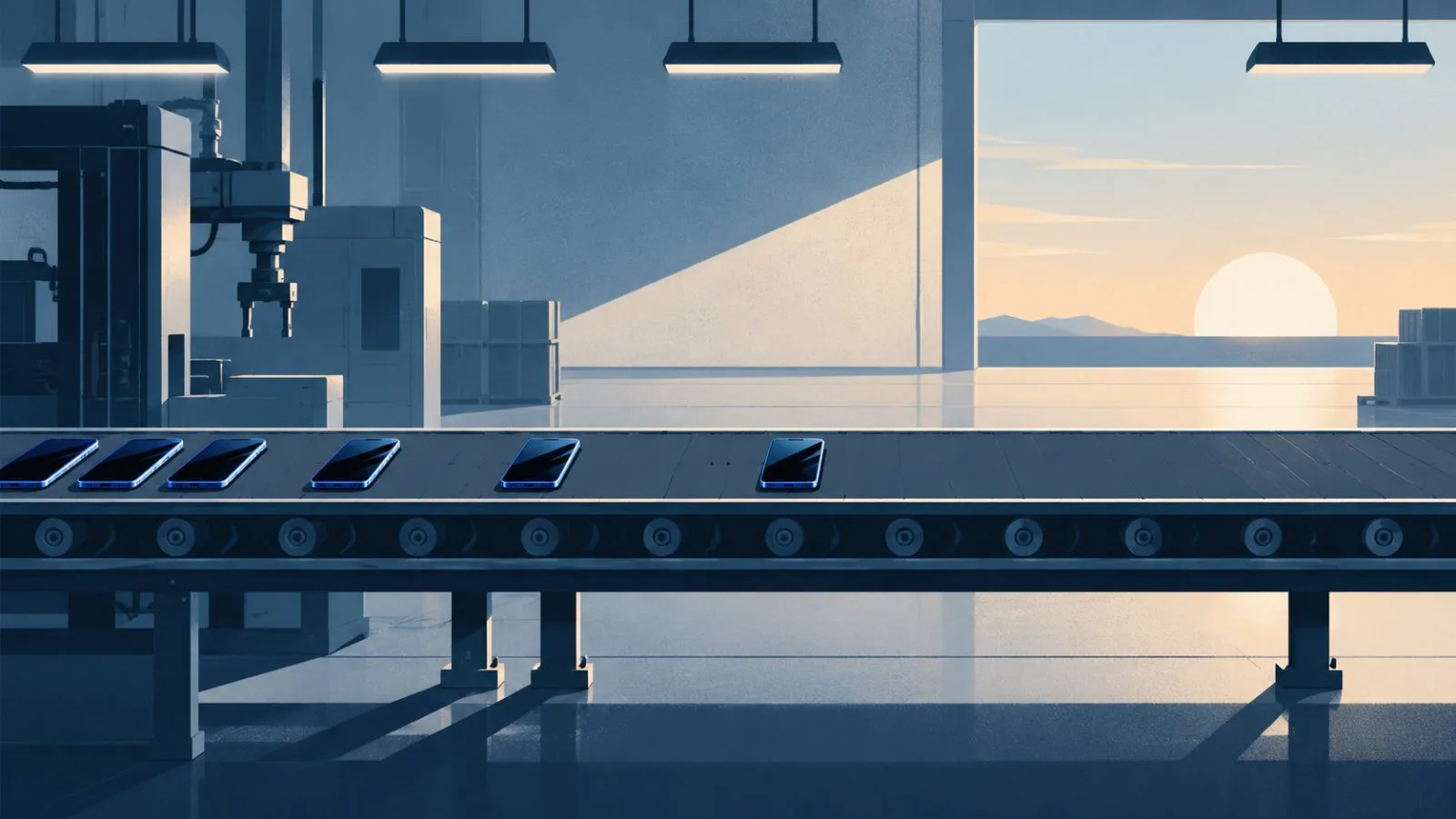 Unbranded smartphones move along a conveyor with widening gaps / TokenPost.ai
