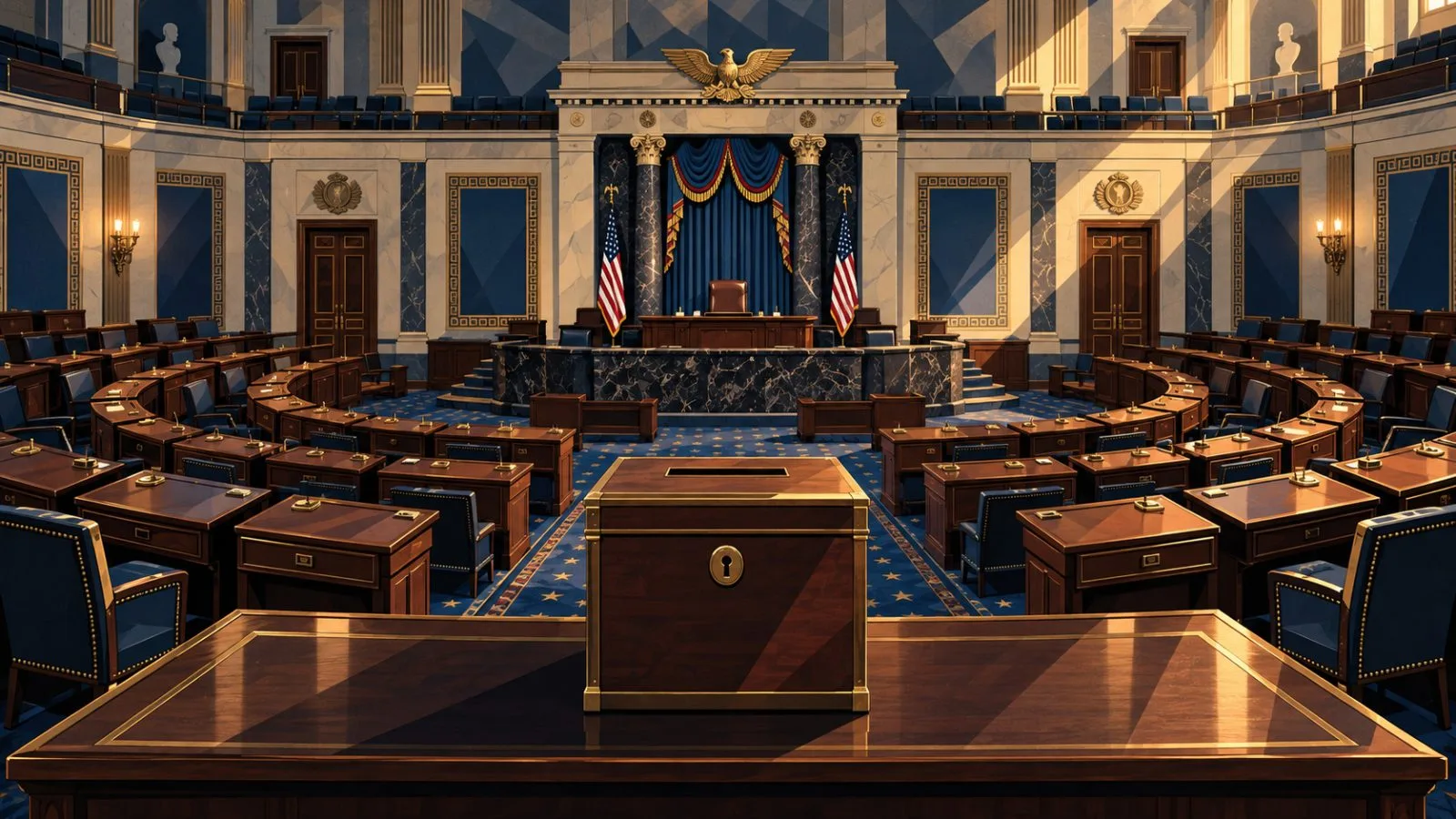Empty Senate chamber with voting desks under overhead lights / TokenPost.ai