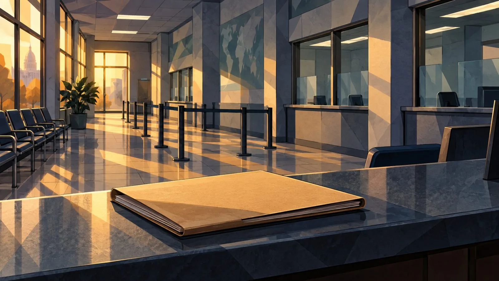 Closed application folder rests beside empty immigration service windows / TokenPost.ai
