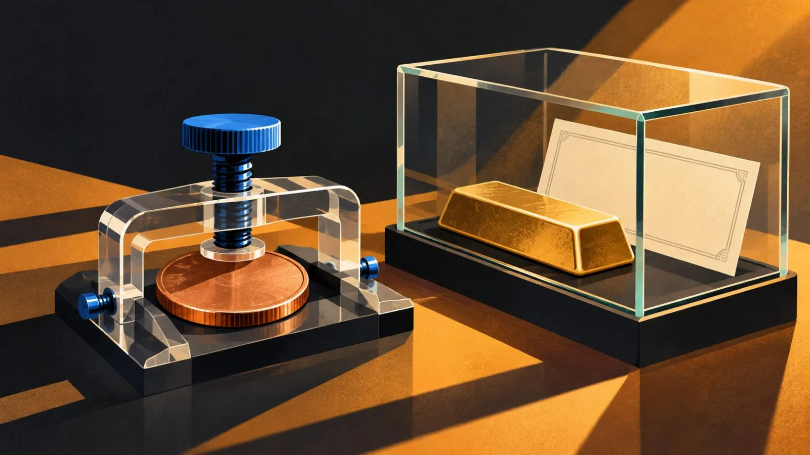 An unmarked copper coin and gold bar sit beside a glass investment case / TokenPost.ai