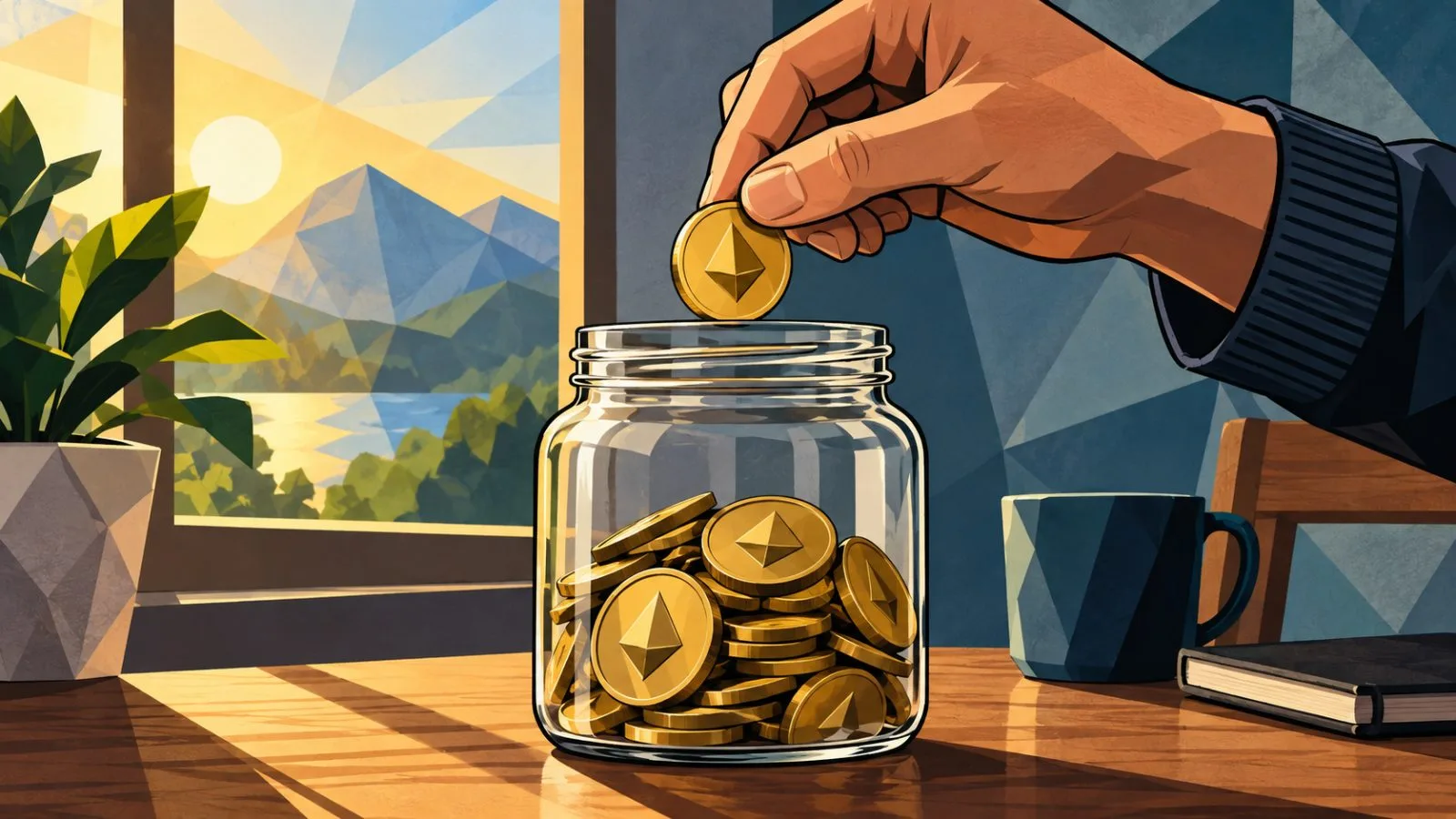 Anonymous hands place a cryptocurrency coin into a clear savings jar / TokenPost.ai