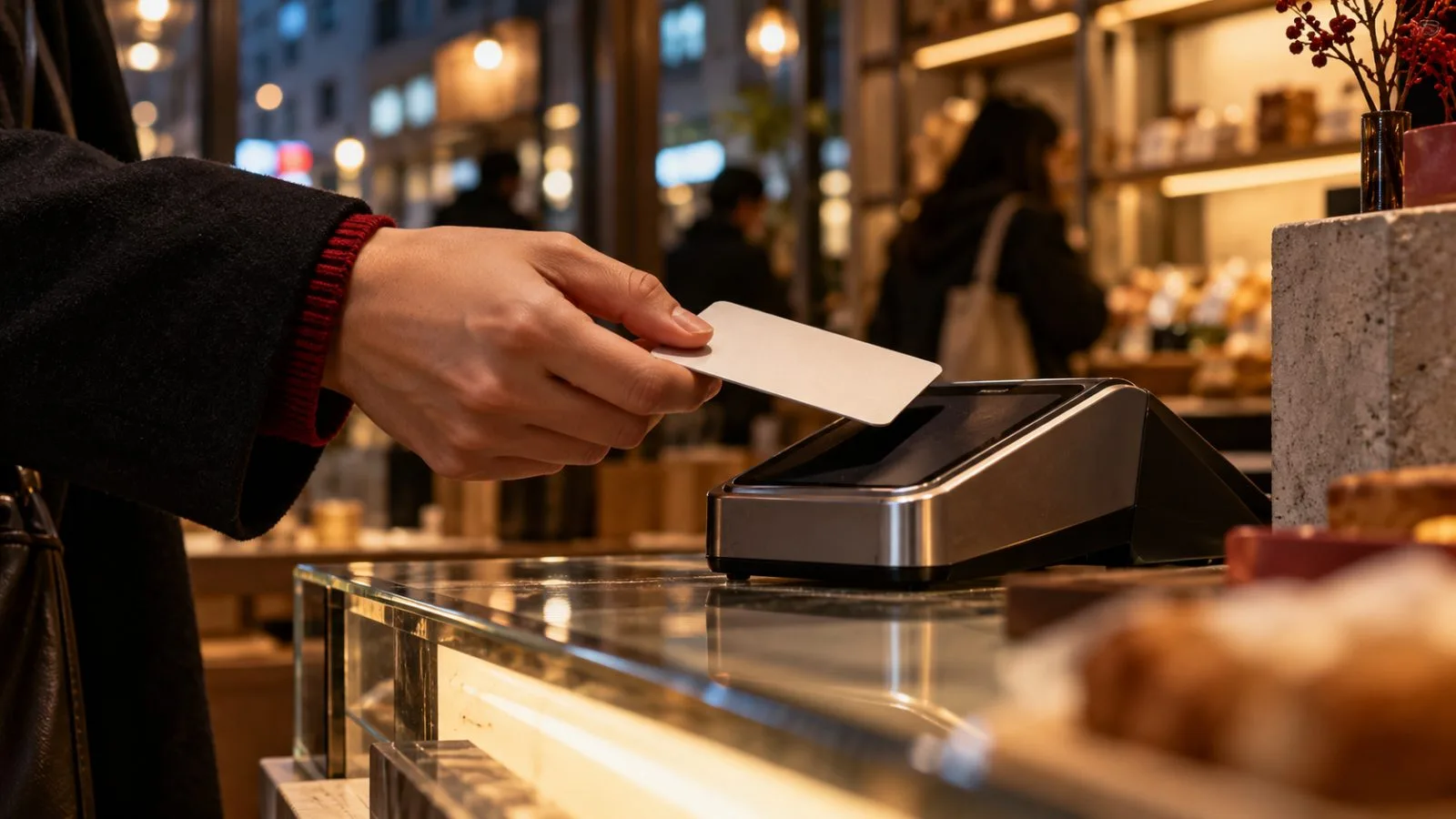 A hand taps a plain payment card against a countertop terminal / TokenPost.ai