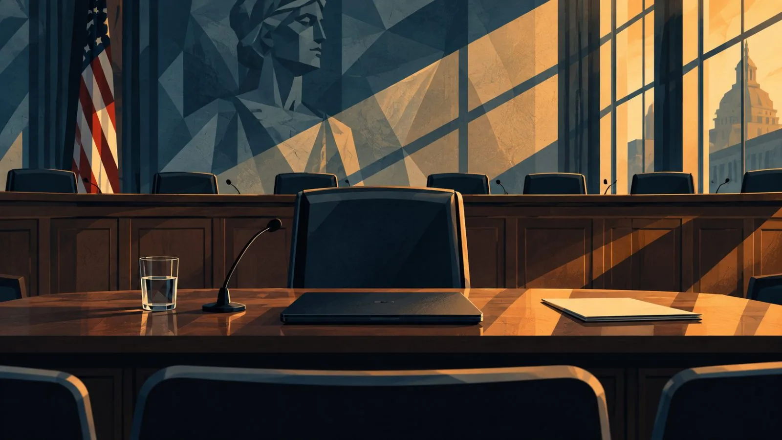 A closed laptop rests on a witness table in a quiet hearing room / TokenPost.ai