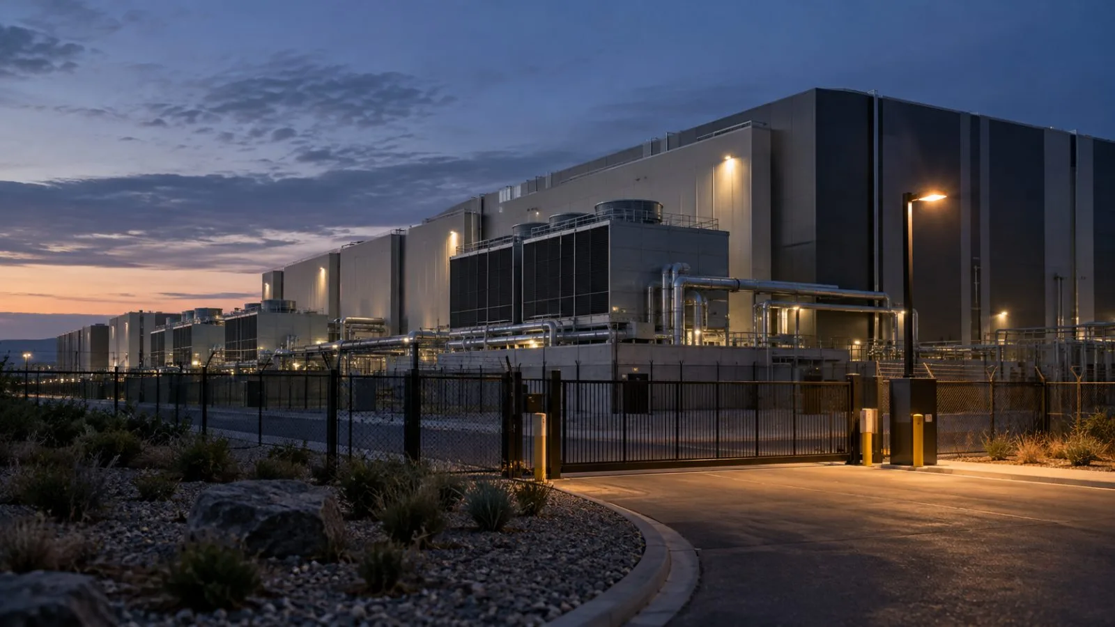 Data center campus glowing under evening security lights / TokenPost.ai