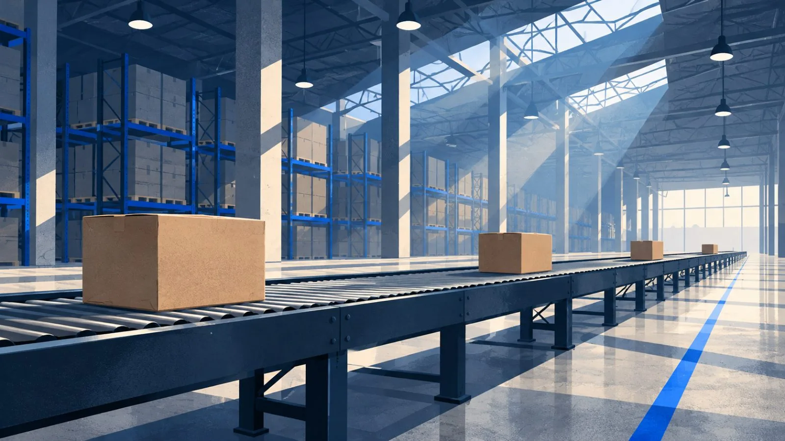 Unbranded laptop cartons move along a mostly empty warehouse conveyor / TokenPost.ai