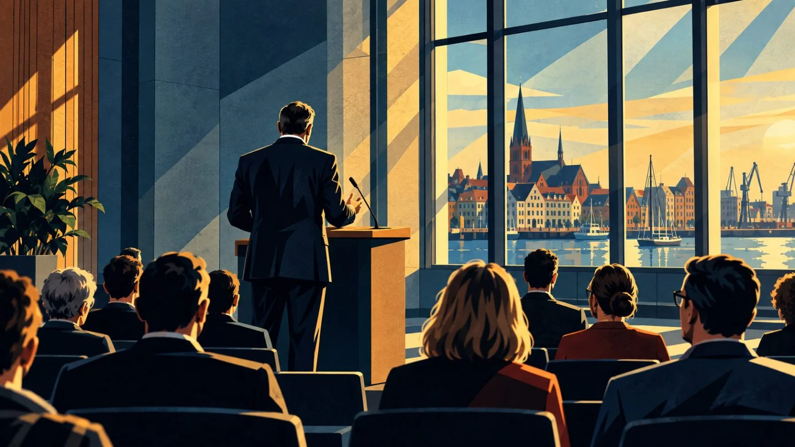 Anonymous speaker addresses an audience in a sunlit Rostock hall / TokenPost.ai