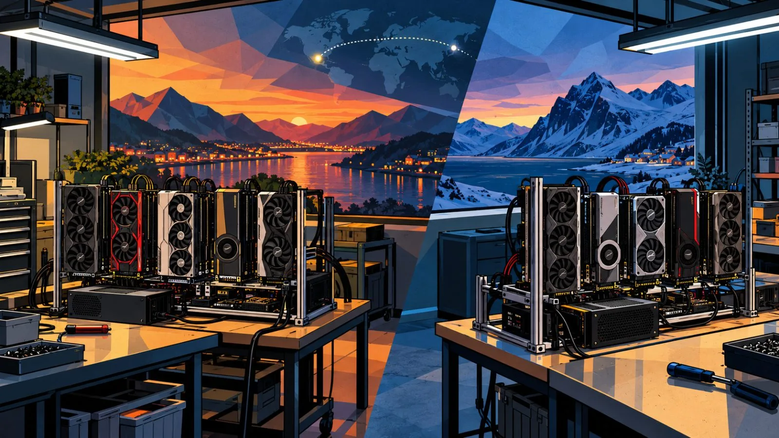 Different graphics cards rest on benches in separate dim labs / TokenPost.ai