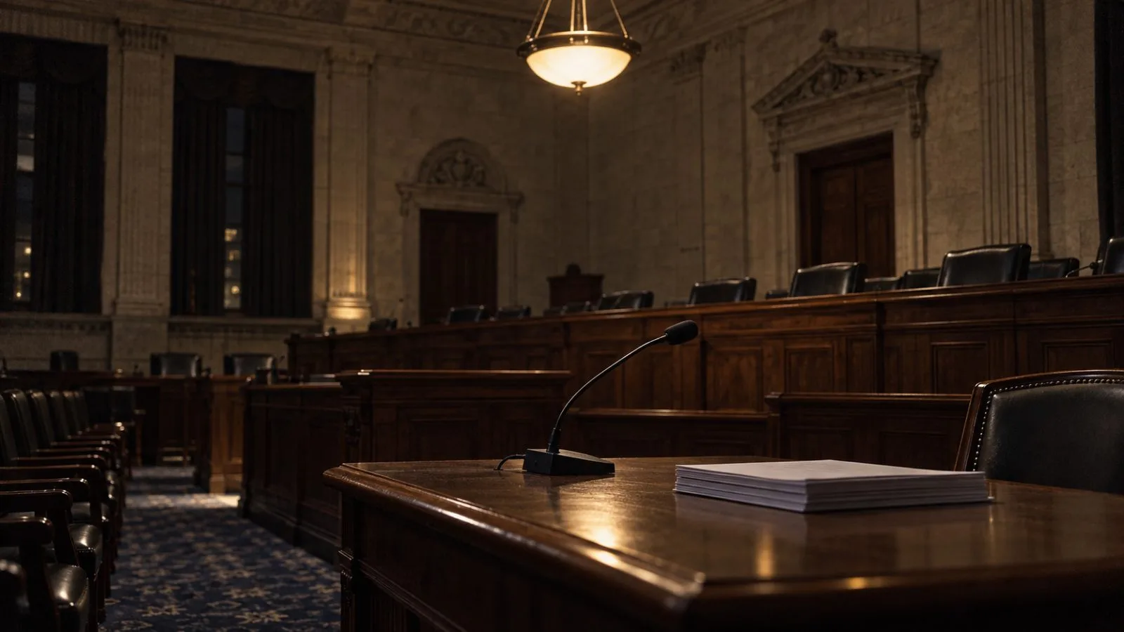 An empty parliamentary chamber prepared for a financial policy hearing / TokenPost.ai