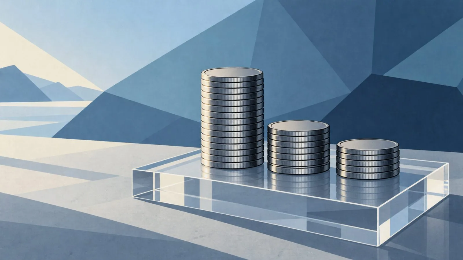 Metal trading tokens arranged in ascending stacks on a glass platform / TokenPost.ai