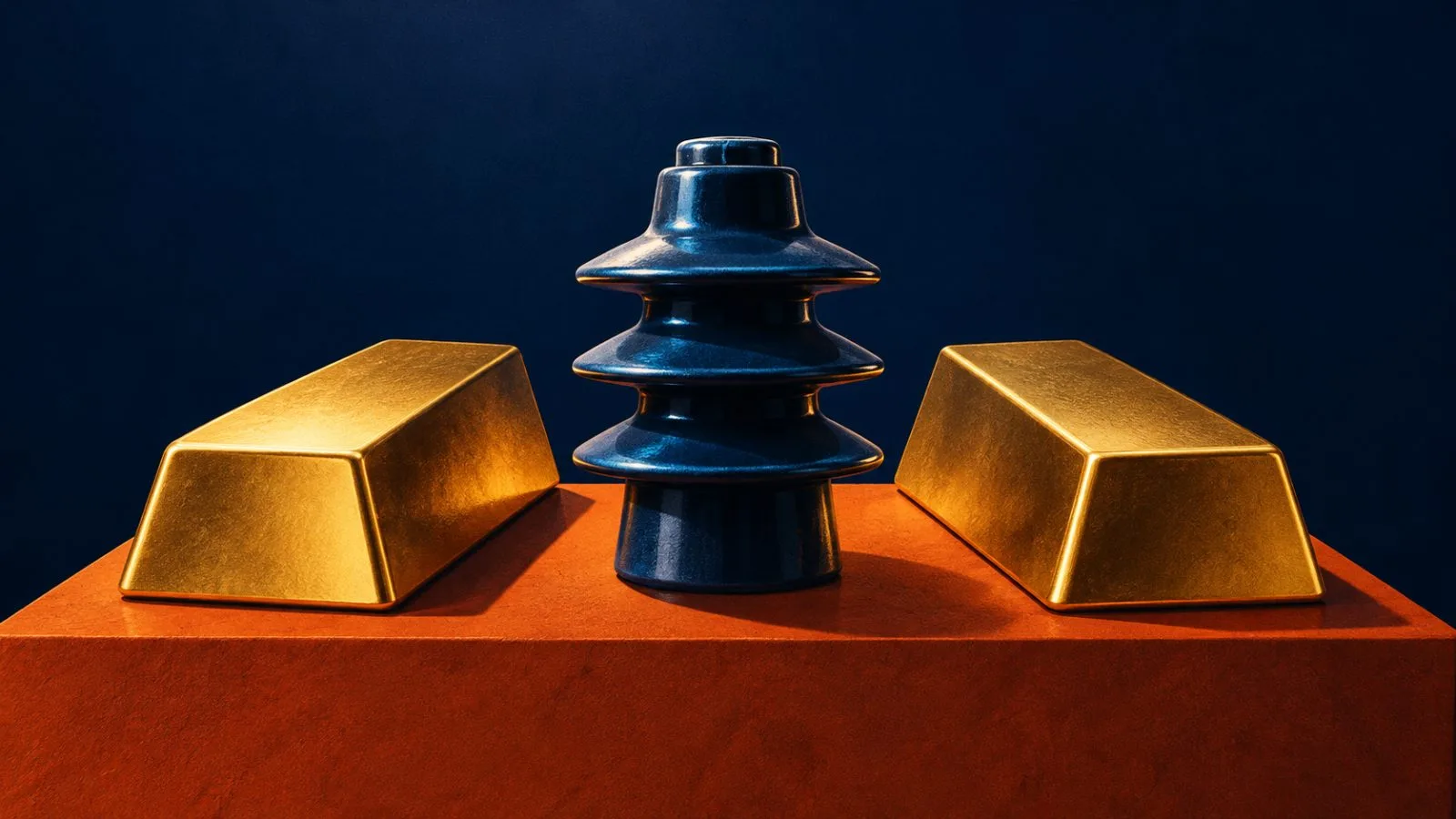 Two gold bars flank a dark ceramic electrical insulator. / TokenPost.ai