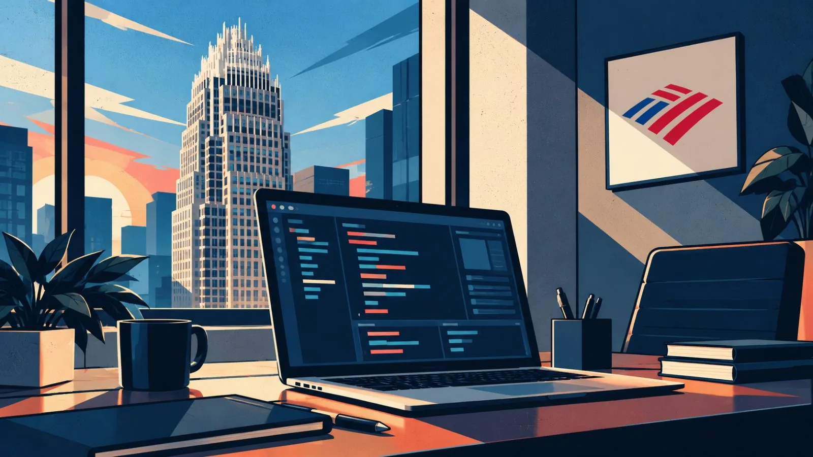 An open laptop sits in a quiet, softly lit bank office / TokenPost.ai