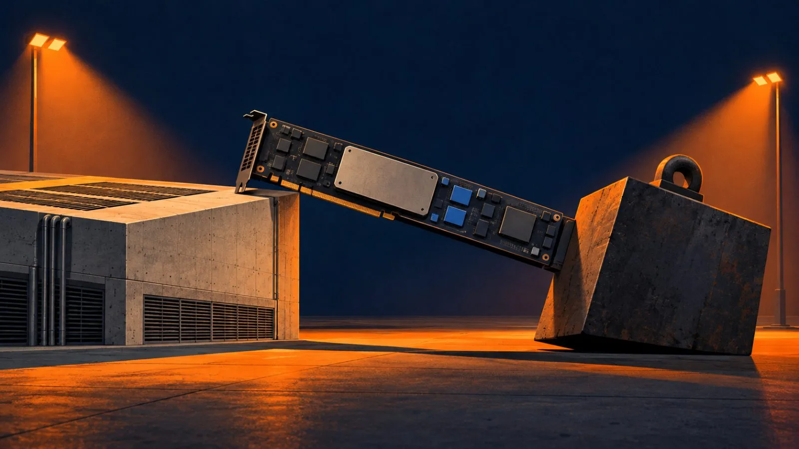 A GPU board balances above concrete data-center foundations / TokenPost.ai