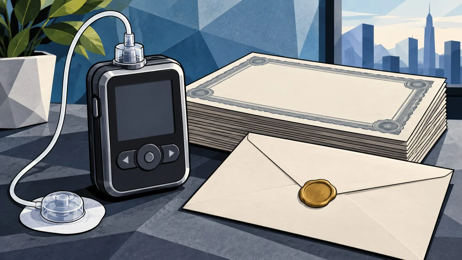 Blank share certificates beside a compact medical device / TokenPost.ai