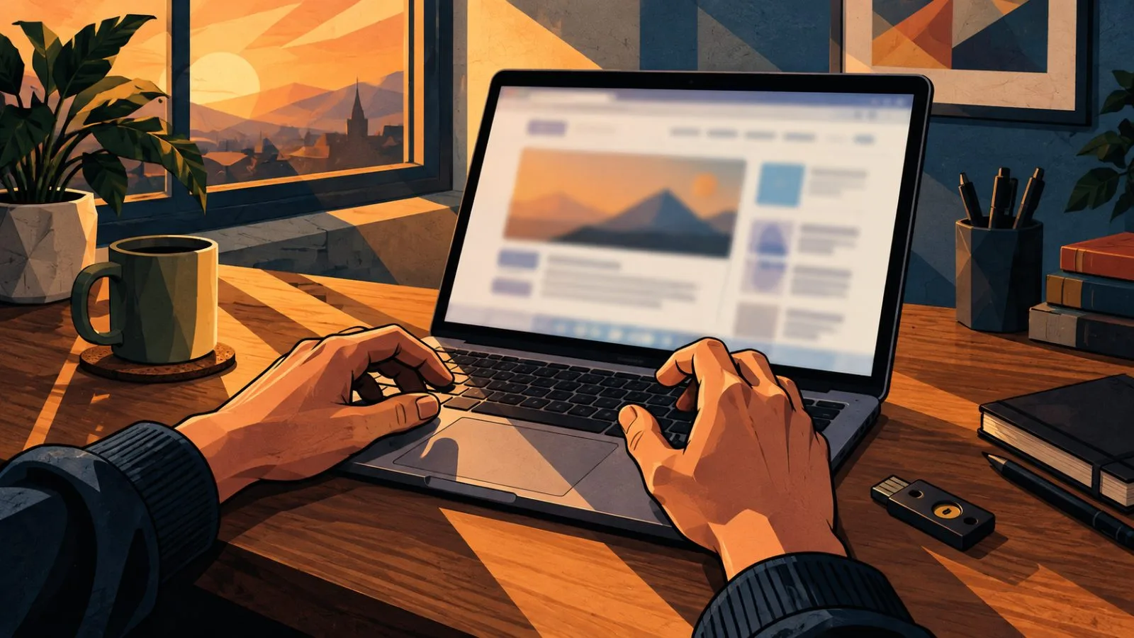 Hands pause above a laptop beside a physical security key / TokenPost.ai