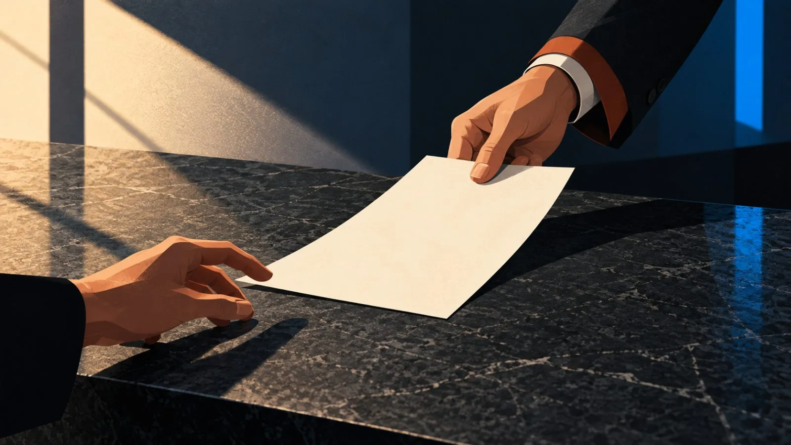 Anonymous hands draw a blank bond certificate across a stone counter / TokenPost.ai