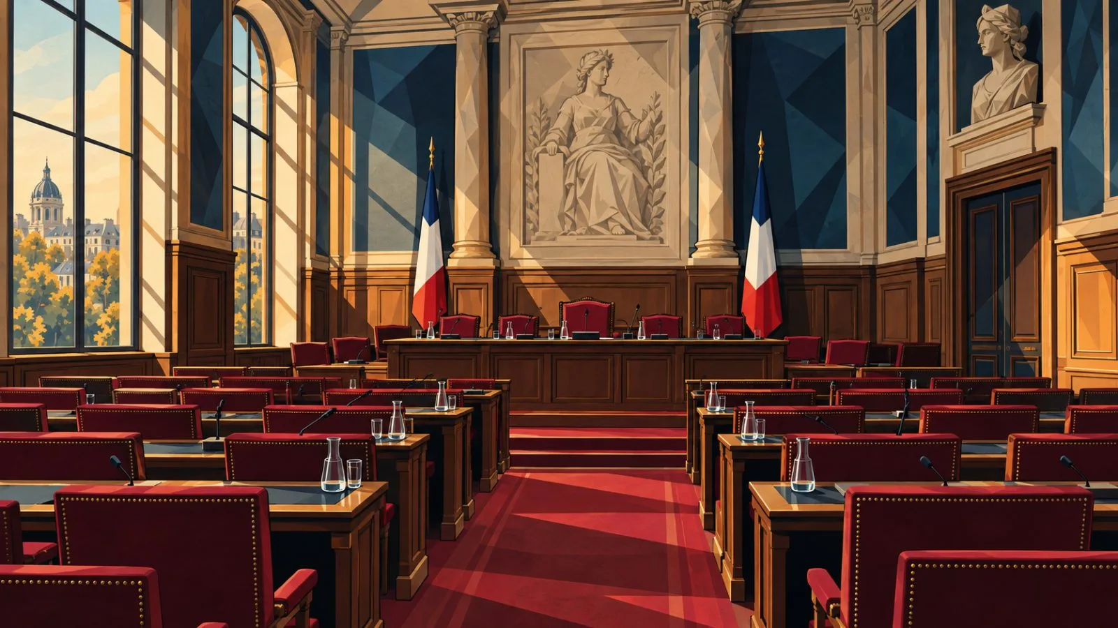 Empty parliamentary chamber lit by late afternoon window light / TokenPost.ai