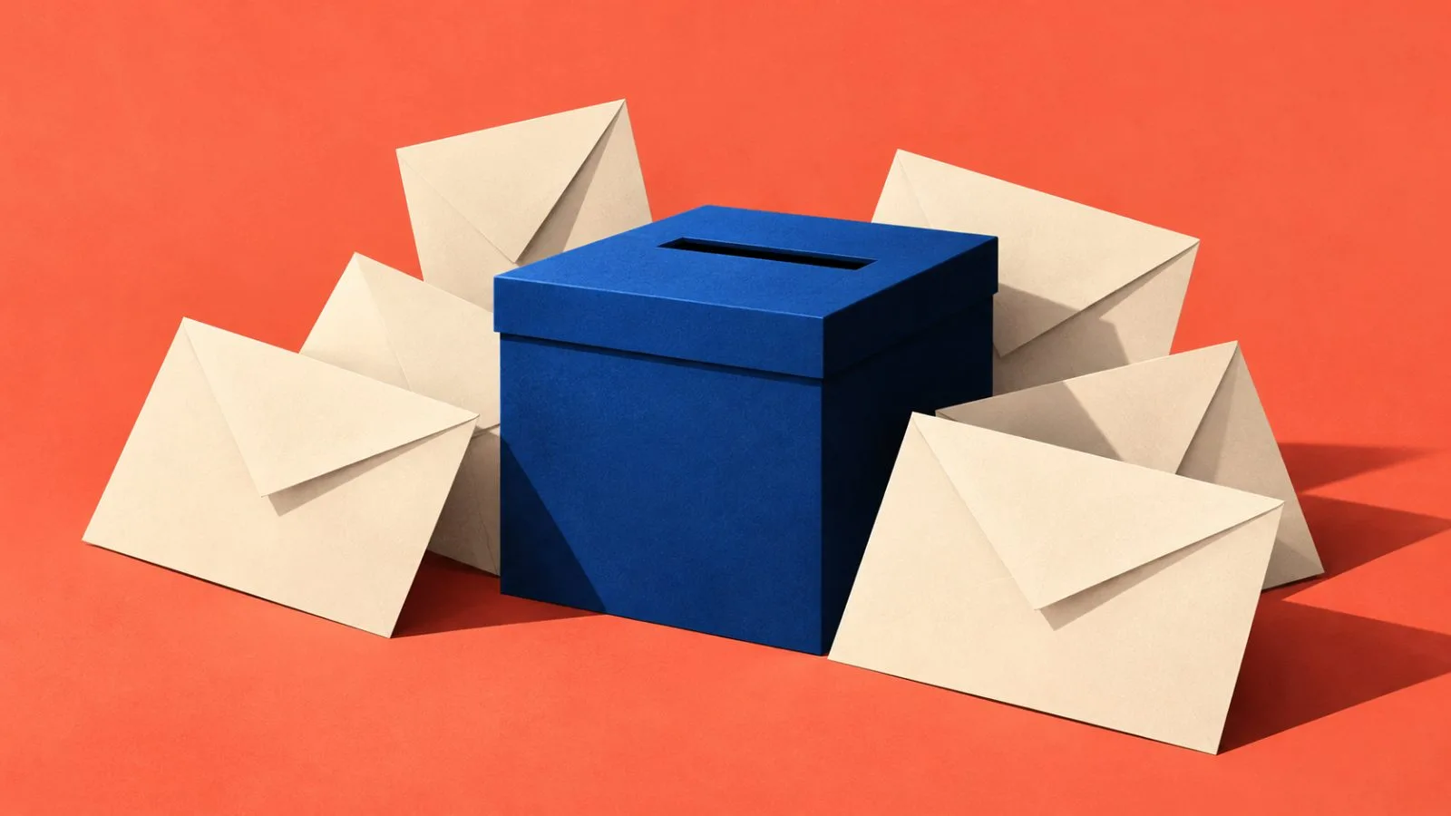Unmarked envelopes frame a ballot box under warm studio light / TokenPost.ai