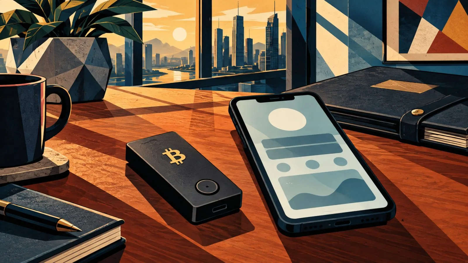 A hardware wallet and smartphone sit beside a portfolio folder / TokenPost.ai