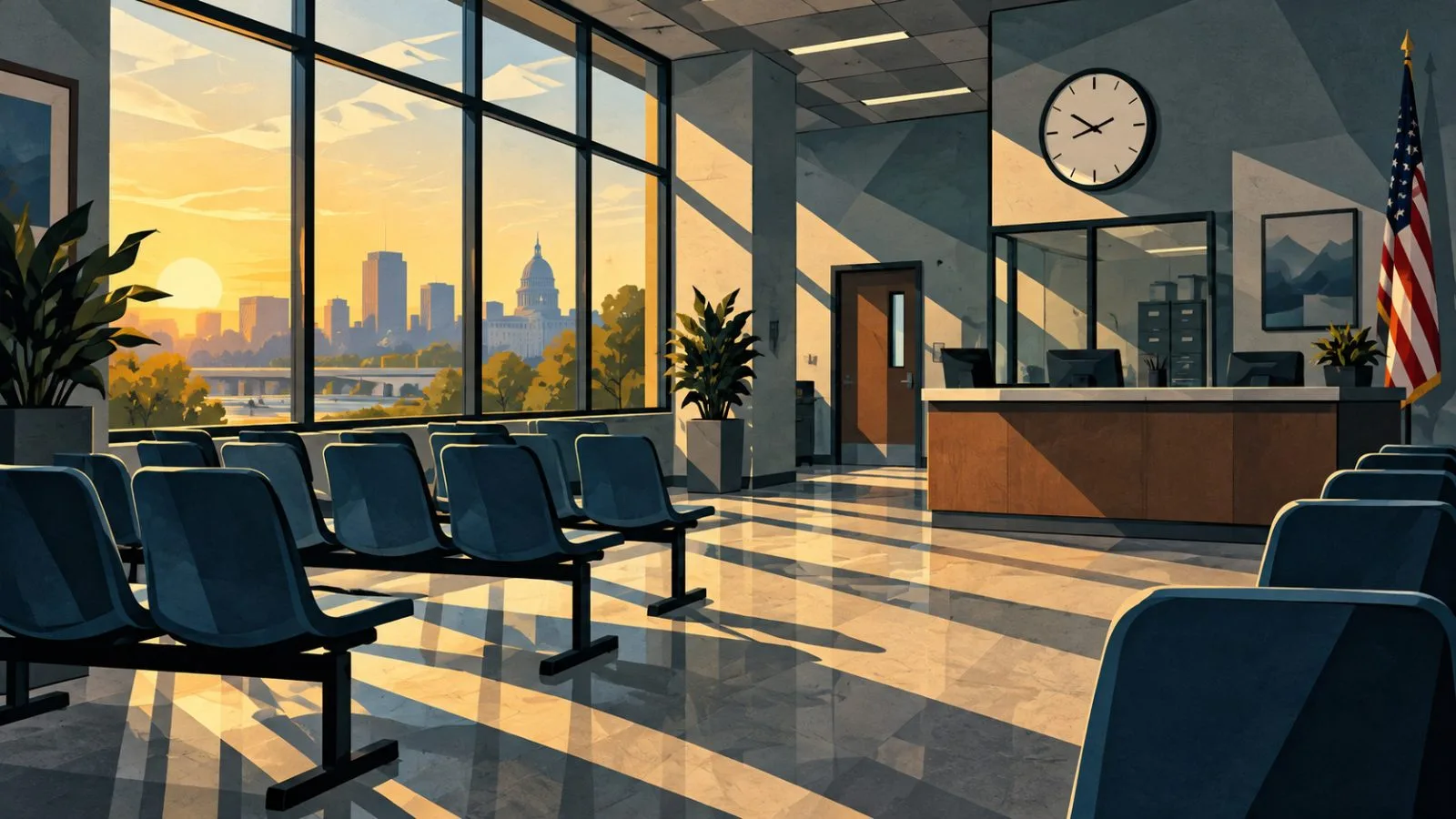 Empty chairs sit beneath a wall clock in a sunlit waiting room / TokenPost.ai
