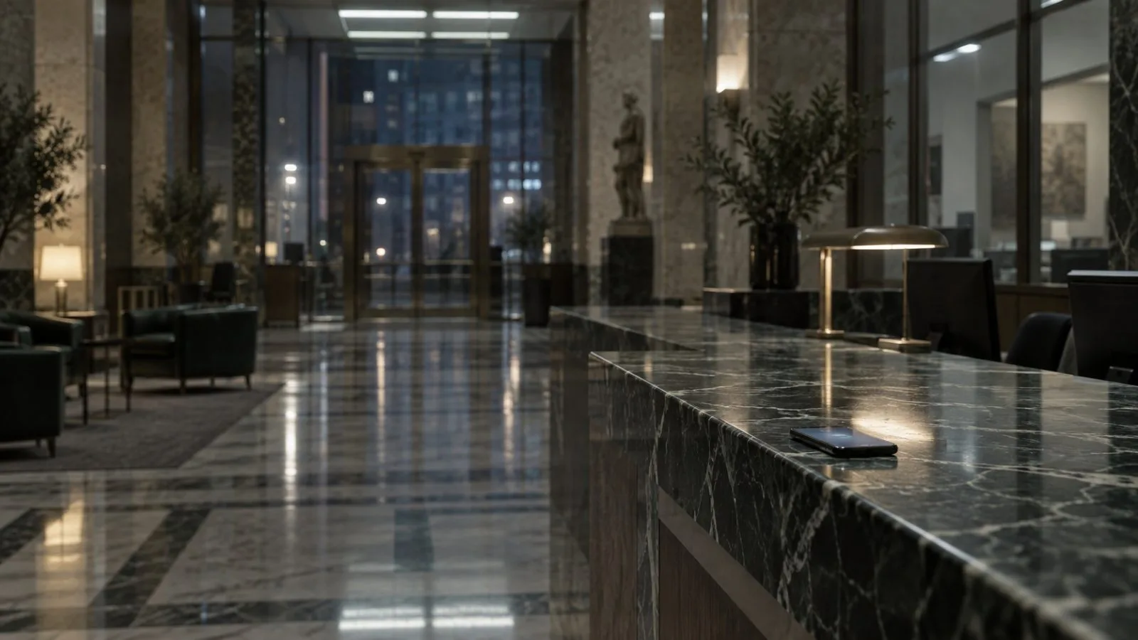 Smartphone resting on a marble counter inside an empty bank lobby / TokenPost.ai