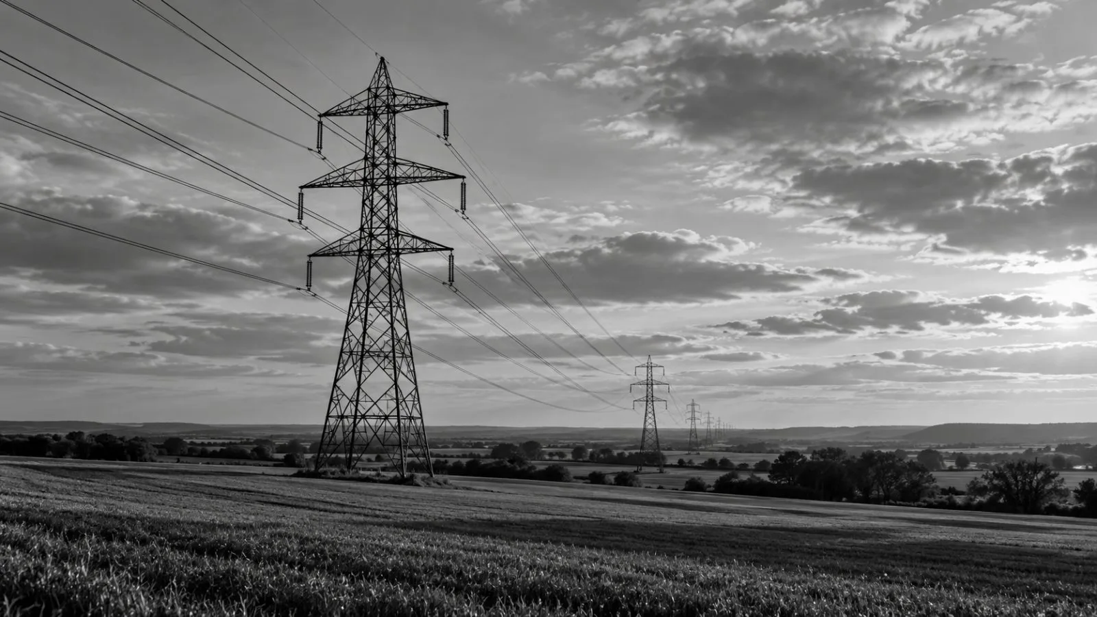 Transmission lines cross a green field beneath a pale autumn sky / TokenPost.ai