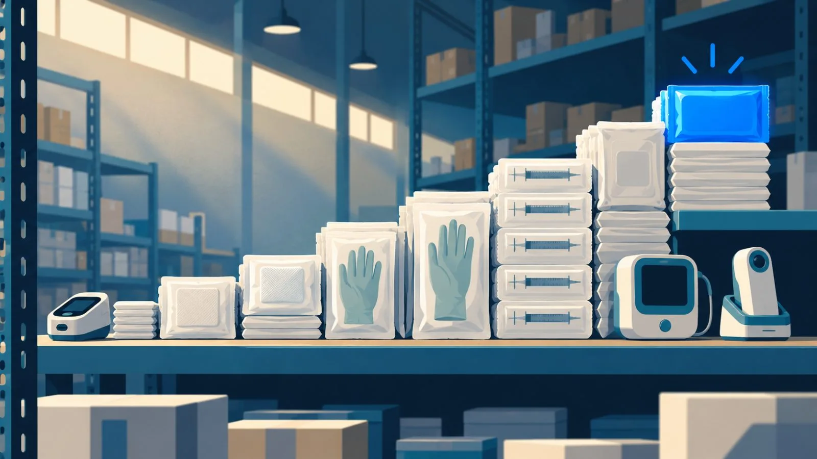 Packaged medical supplies sit beside compact equipment on a warehouse shelf / TokenPost.ai