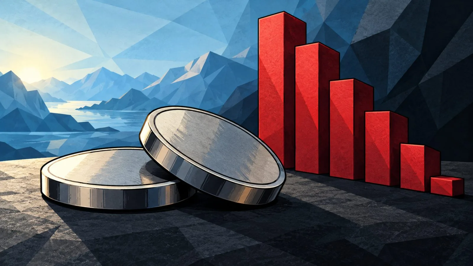 Two metallic investment tokens beside a sharply lowered market bar / TokenPost.ai