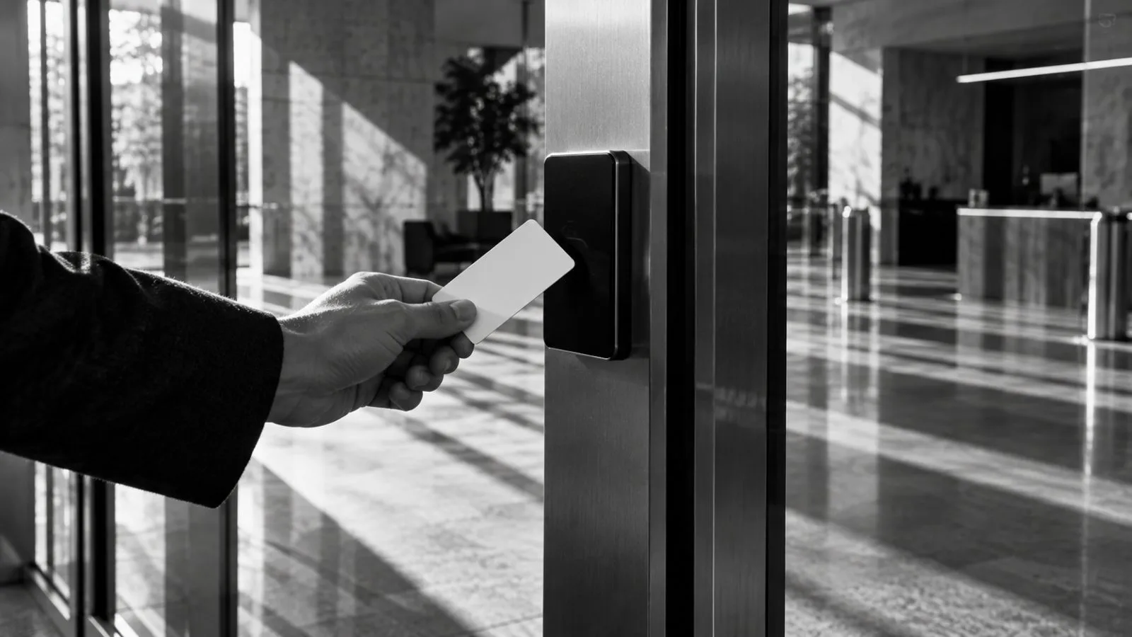 A hand pauses beside a badge reader on a glass door / TokenPost.ai