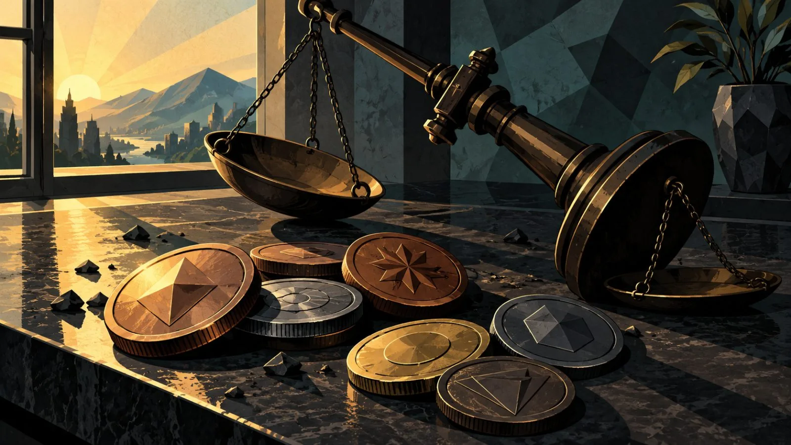 Metal tokens beside a tipped balance scale in morning light / TokenPost.ai