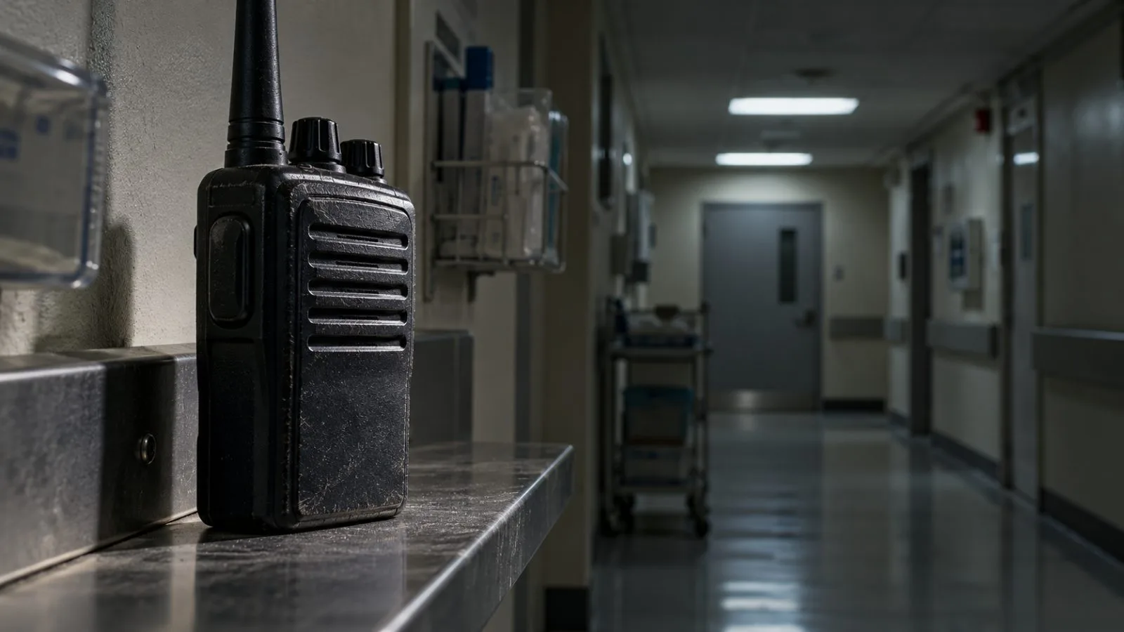 A handheld radio sits beside a closed corridor door / TokenPost.ai