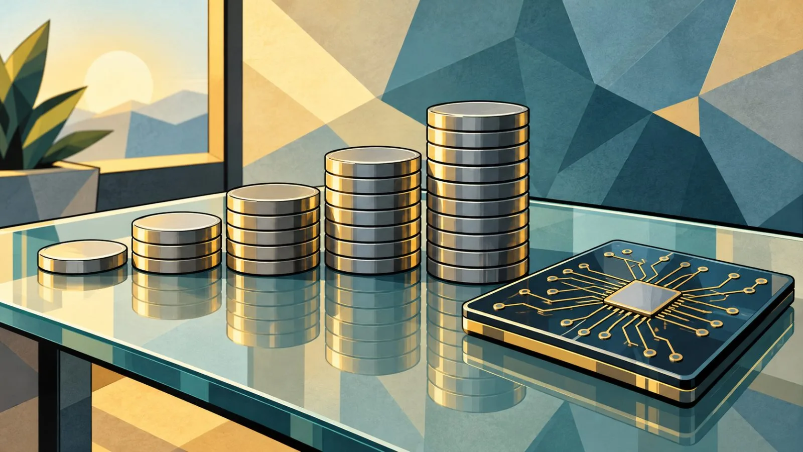 Metal tokens arranged in rising rows on a glass surface / TokenPost.ai
