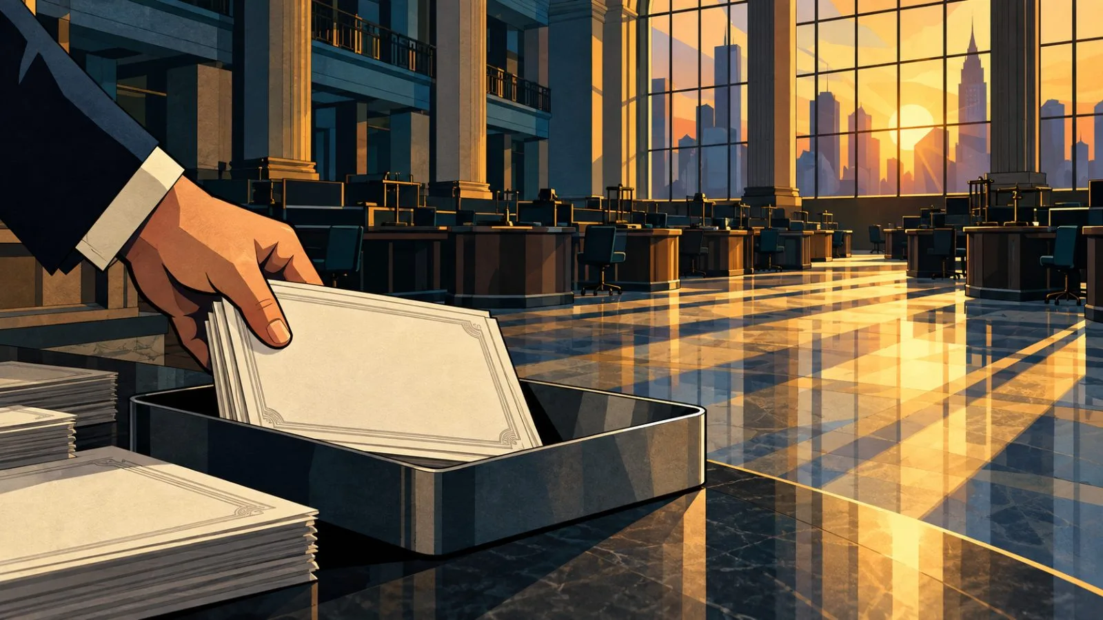 Unmarked share certificates rest in a metal tray on an exchange floor / TokenPost.ai