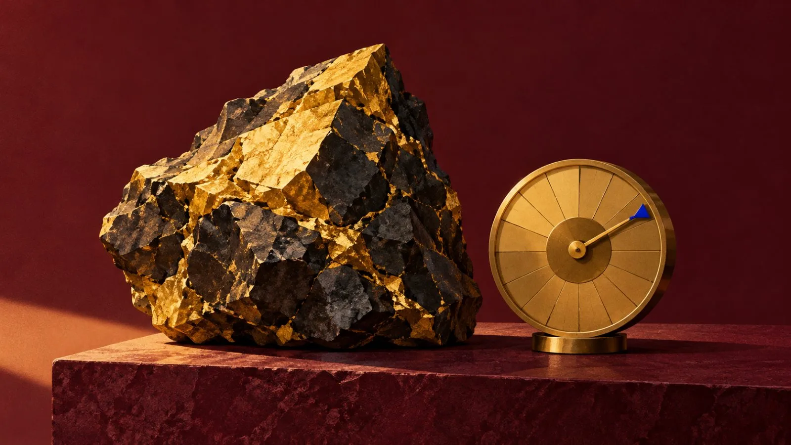 Gold ore sample beside a brass calendar wheel on a stone surface / TokenPost.ai