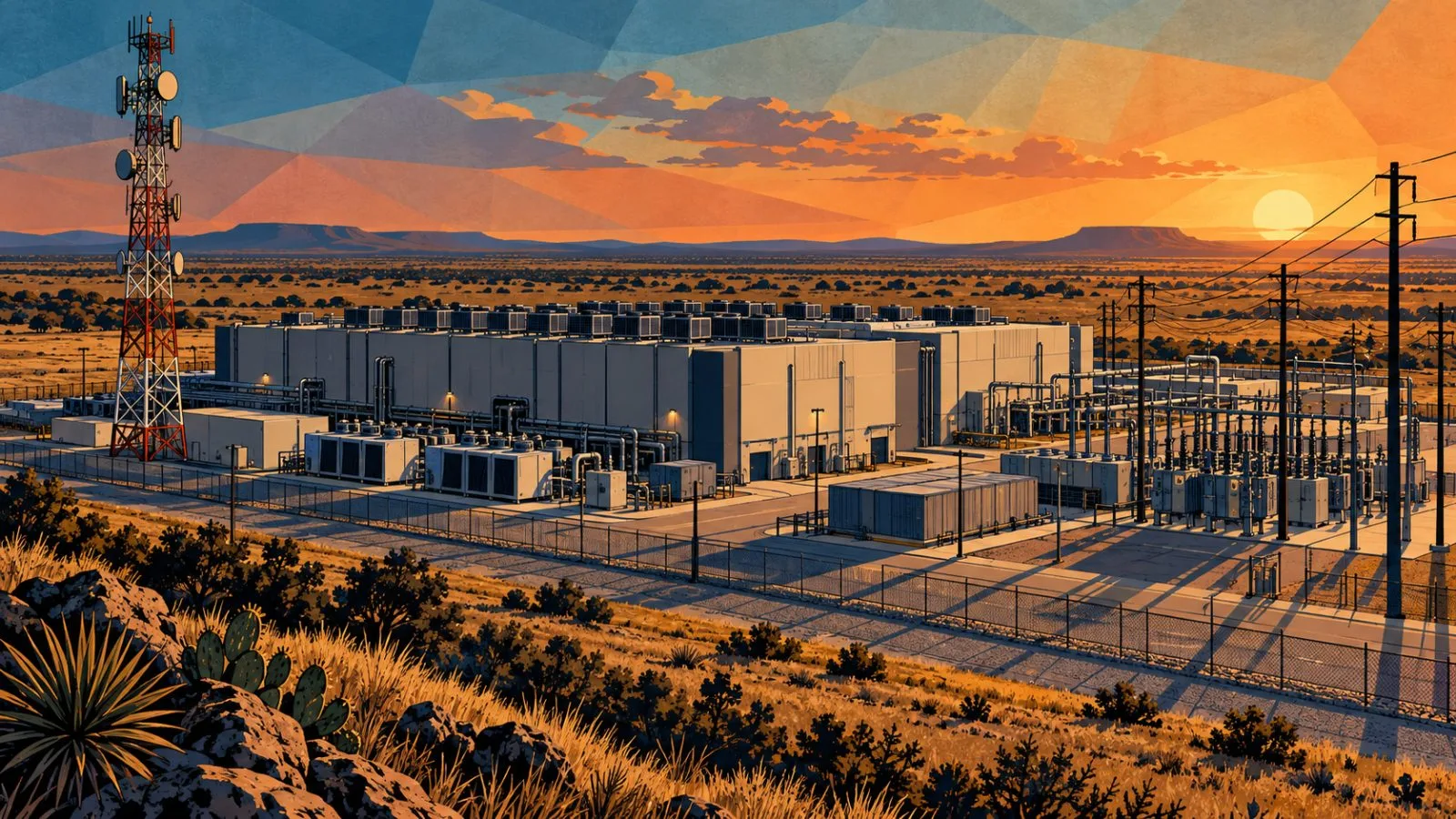 Powered data center and communications tower under evening sunlight / TokenPost.ai