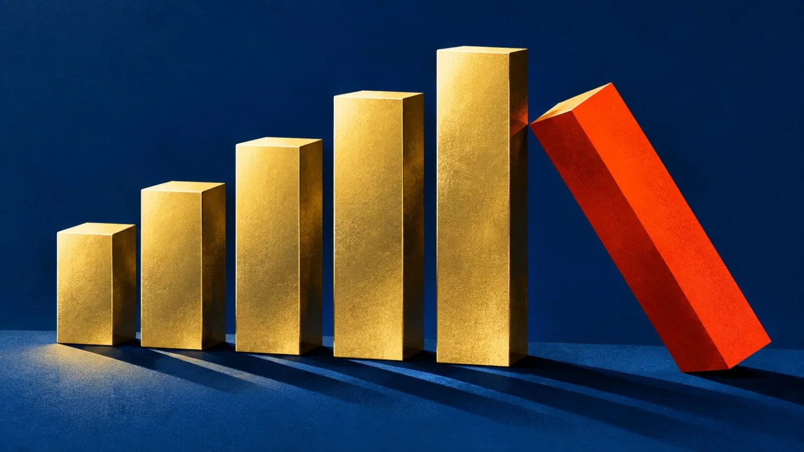 Five brass bars rise beside a single descending red bar / TokenPost.ai