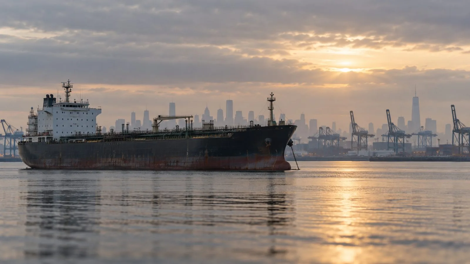 A tanker waits offshore near New York Harbor’s port cranes / TokenPost.ai