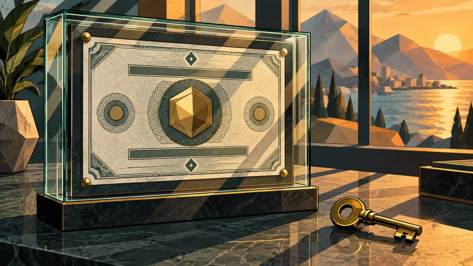 A glass case and brass key sit in warm window light / TokenPost.ai