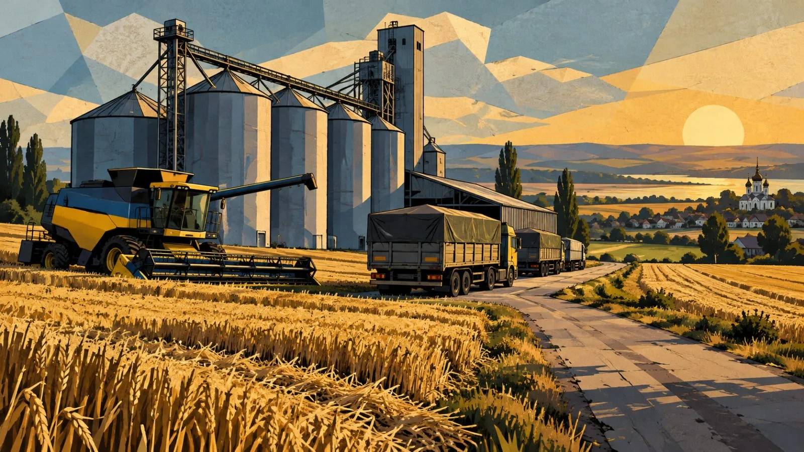 Grain silos and an idle combine beside harvested fields / TokenPost.ai