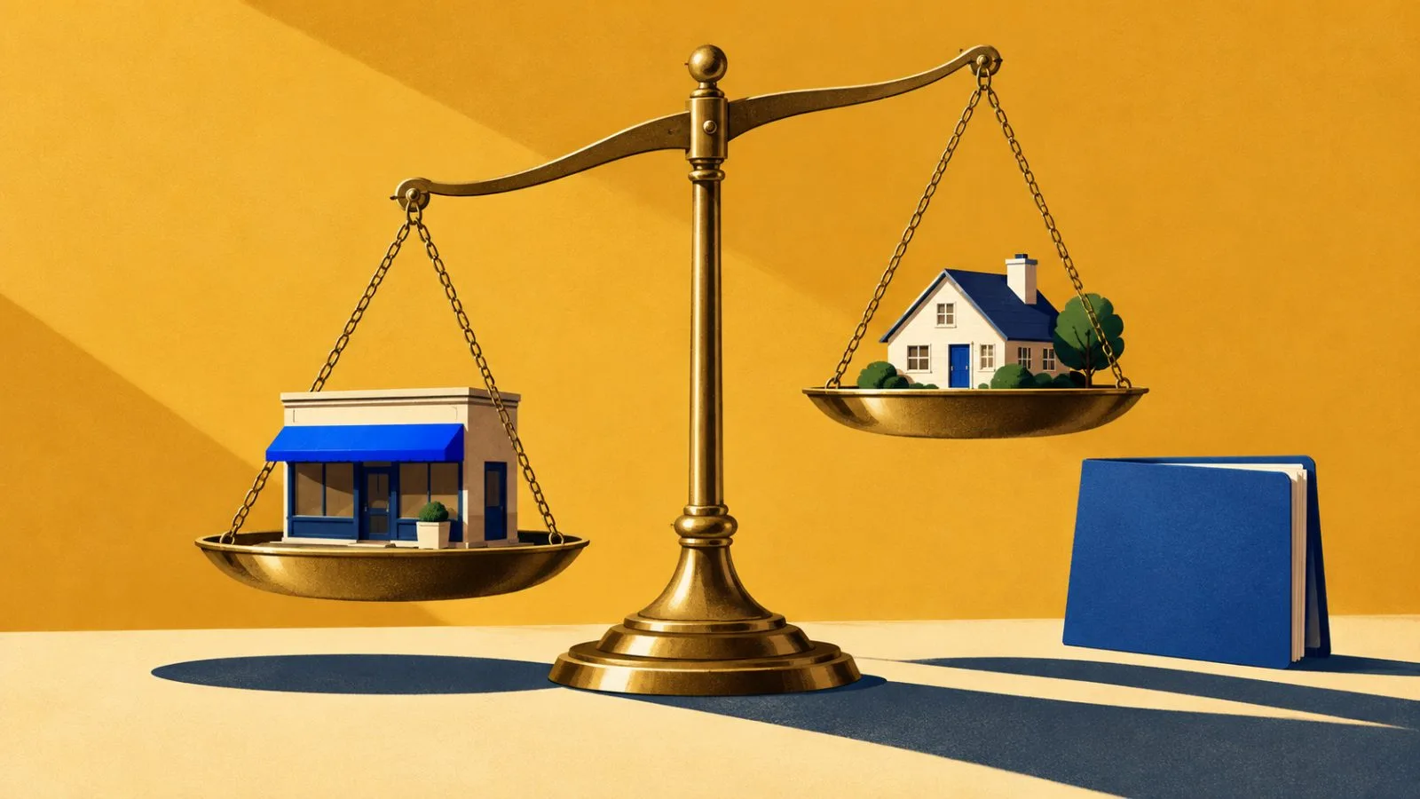 Two miniature homes sit at opposite ends of a brass balance scale / TokenPost.ai