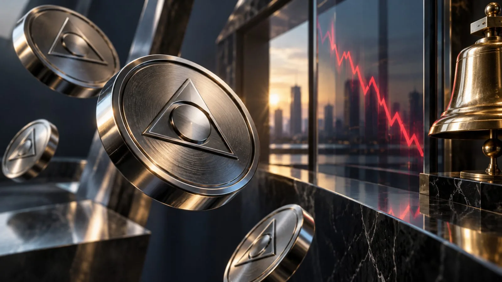 Red market bars beside a brass exchange bell / TokenPost.ai