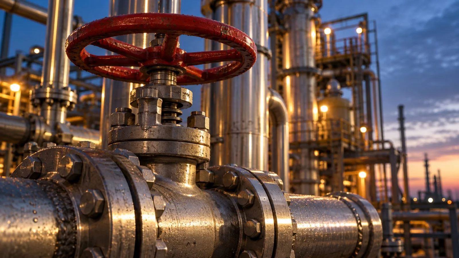 Amber work lights illuminate modular gas processing equipment at dawn / TokenPost.ai