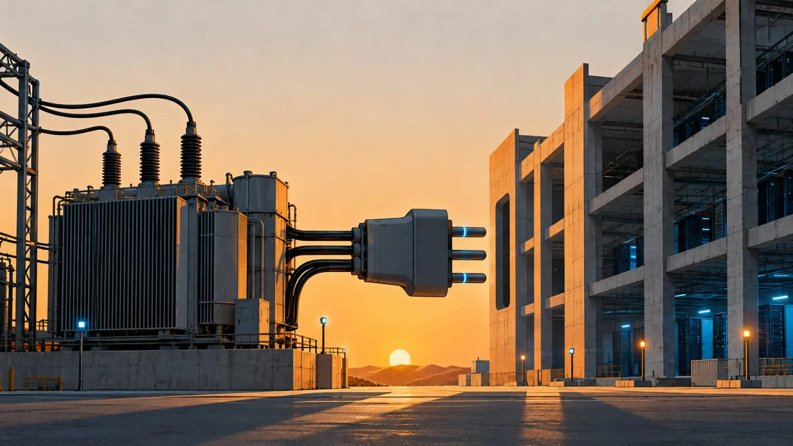 A transformer stands beside an unfinished data center at dawn / TokenPost.ai