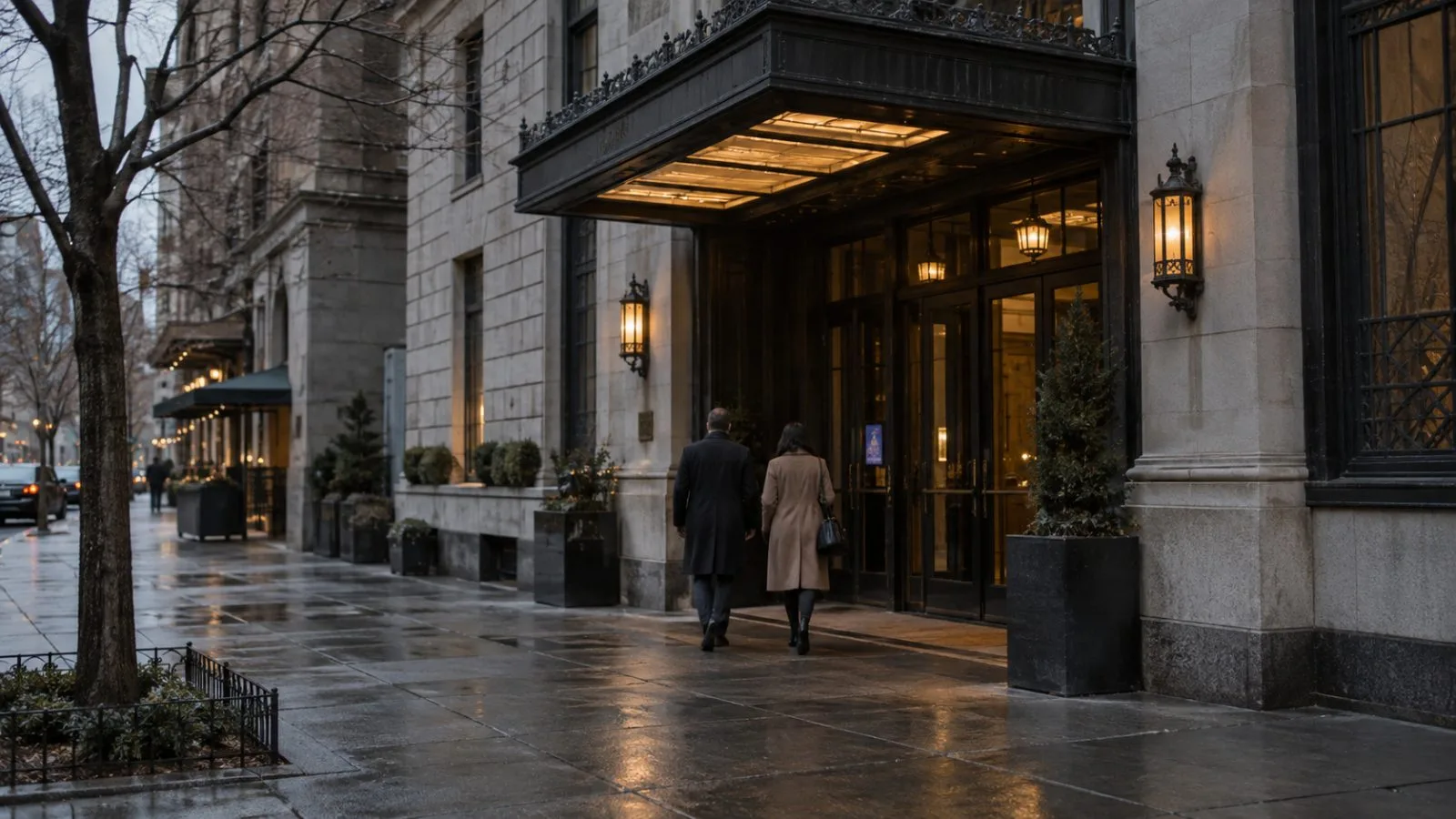 Two figures approach a meeting venue entrance in New York / TokenPost.ai