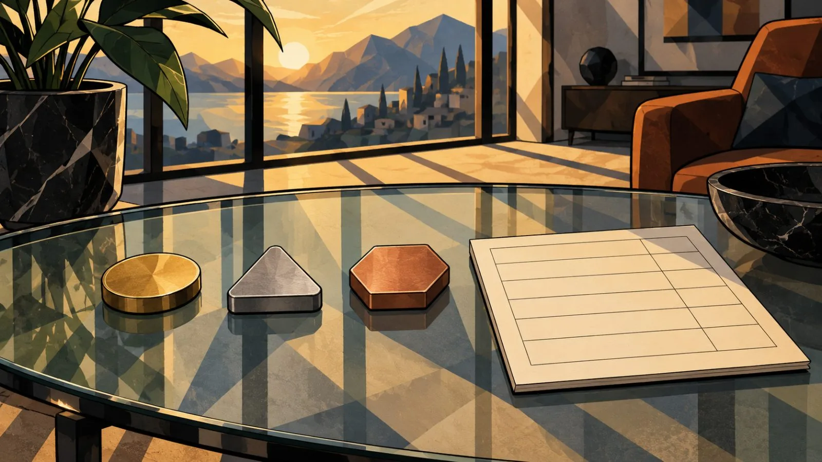 Three metal tokens arranged in a row on glass / TokenPost.ai