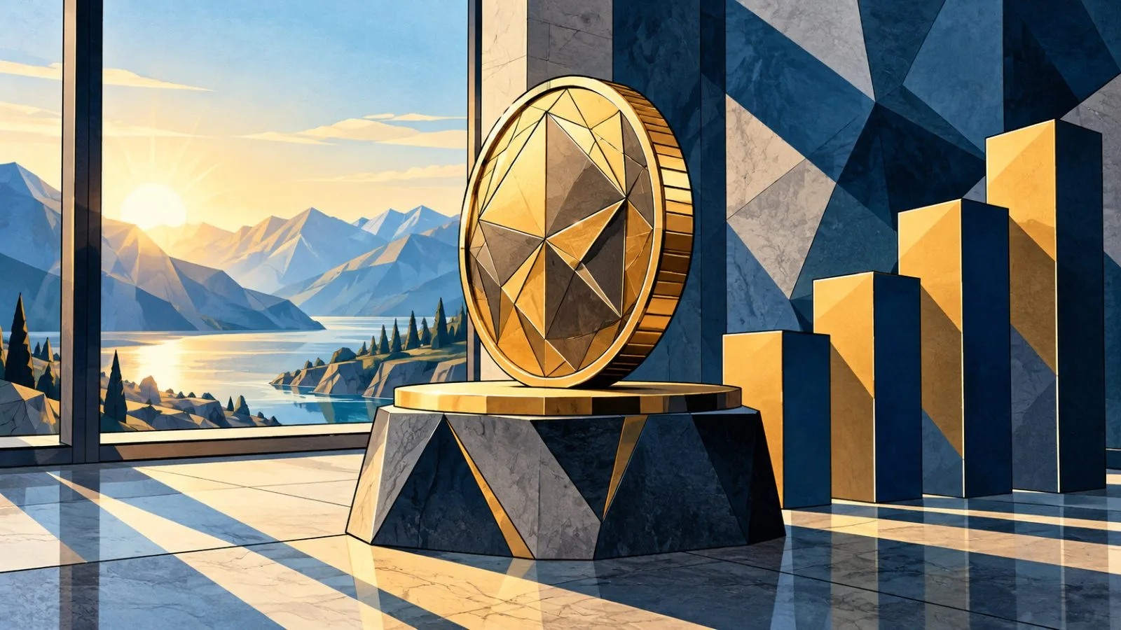Metallic token beside ascending blocks in morning light / TokenPost.ai